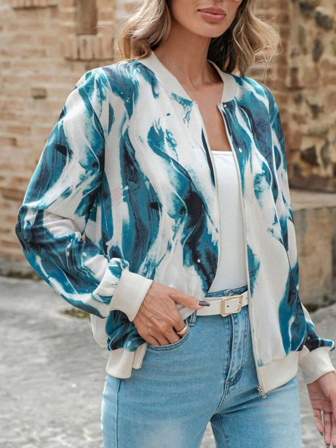 Printed Baseball Collar Zip Up Jacket - Charming Charlie