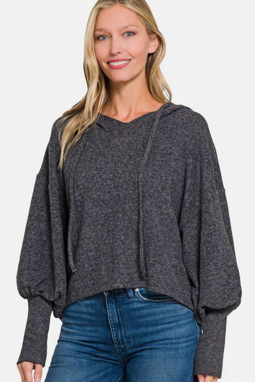 Zenana Brushed Hacci Drop Shoulder Cropped Hoodie - Charming Charlie