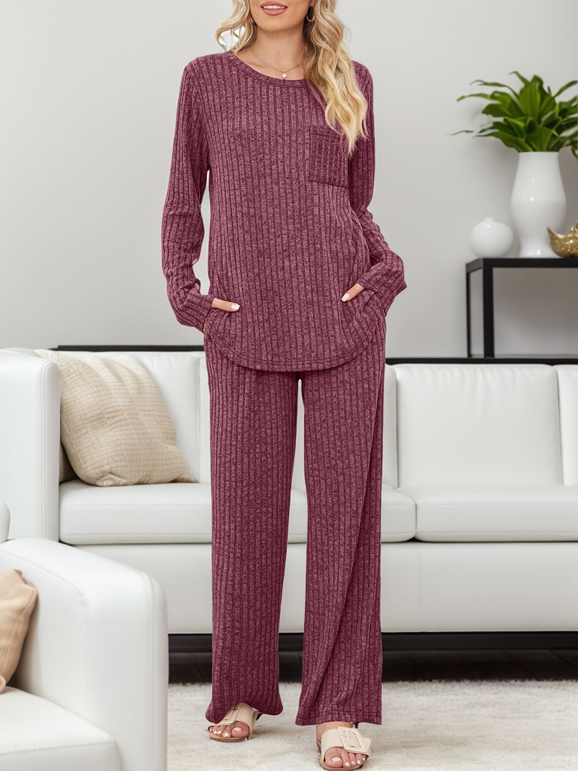 Round Neck Long Sleeve Top and Pants Set - Charming Charlie