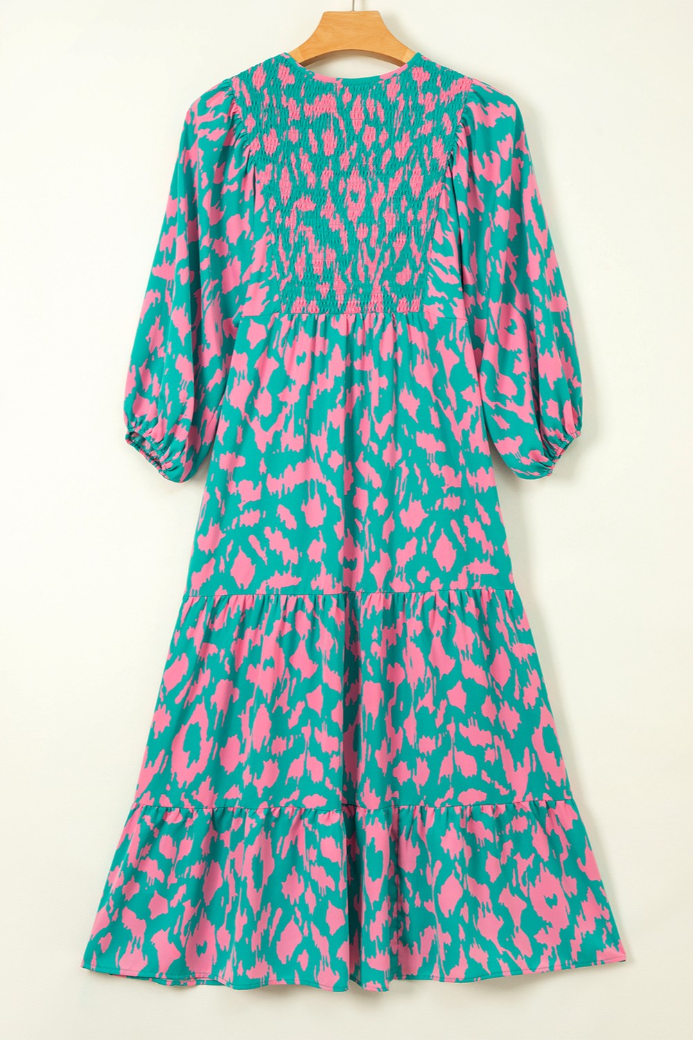 Smocked Printed Tie Neck Long Sleeve Dress - Charming Charlie