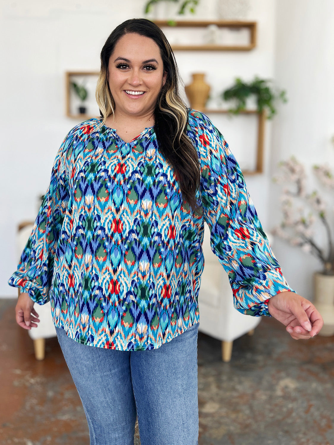 Double Take Full Size Printed Balloon Sleeve Blouse - Charming Charlie