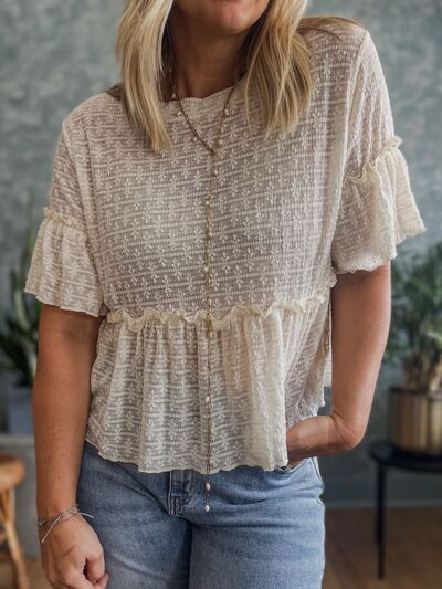 Frilled Round Neck Button Up Blouse