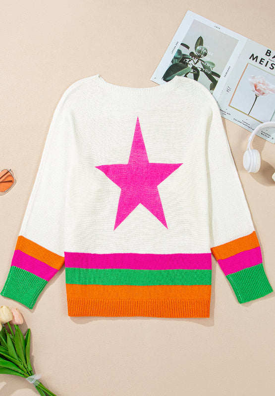 Star Contrast Round Neck Long Sleeve Knit Top - Charming Charlie