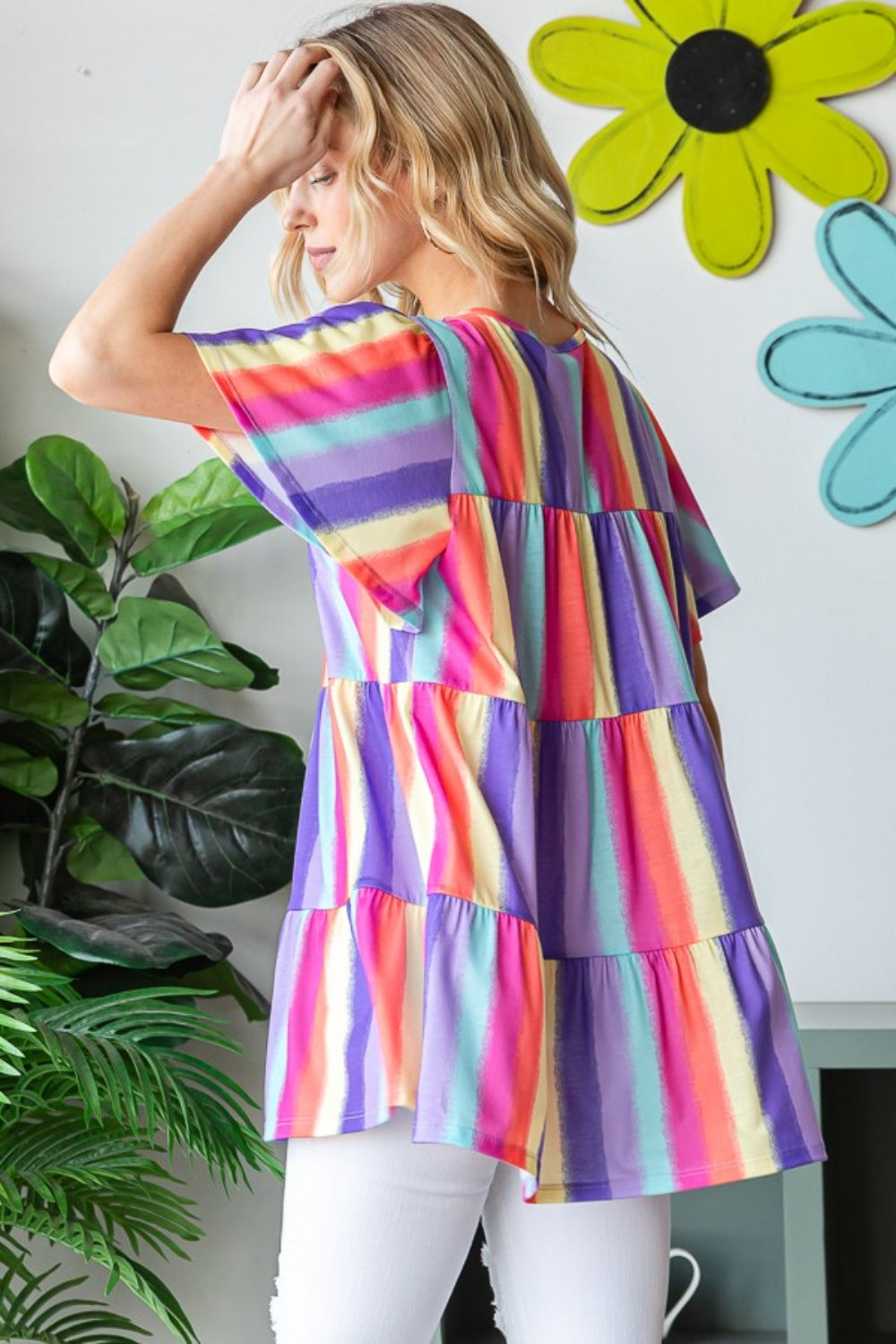 Heimish Full Size Short Sleeve Striped Tiered Top - Charming Charlie