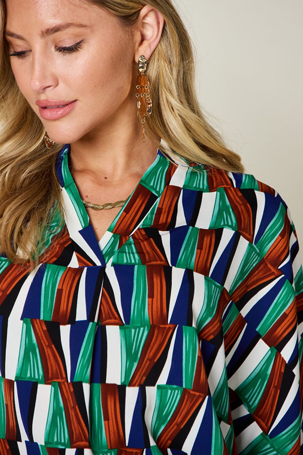 Double Take Full Size Geometric Notched Dolman Sleeve Top - Charming Charlie