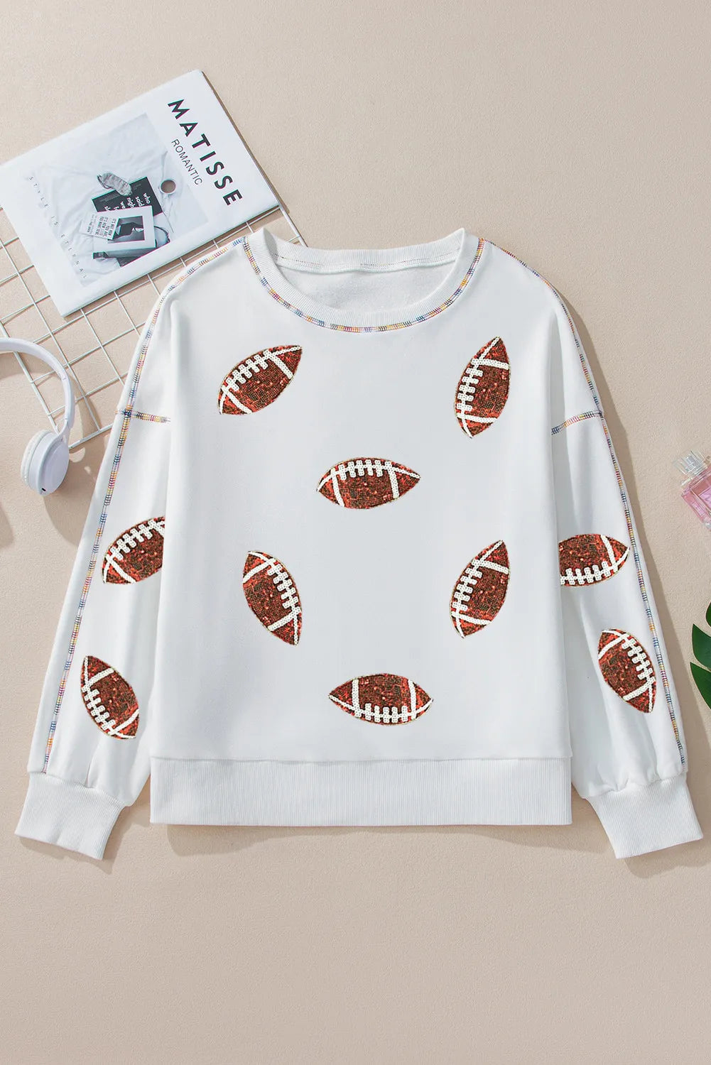 Sequin Football Round Neck Long Sleeve Sweatshirt - Charming Charlie