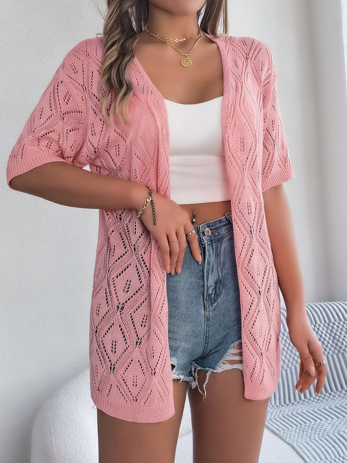 Openwork Open Front Half Sleeve Cardigan - Charming Charlie