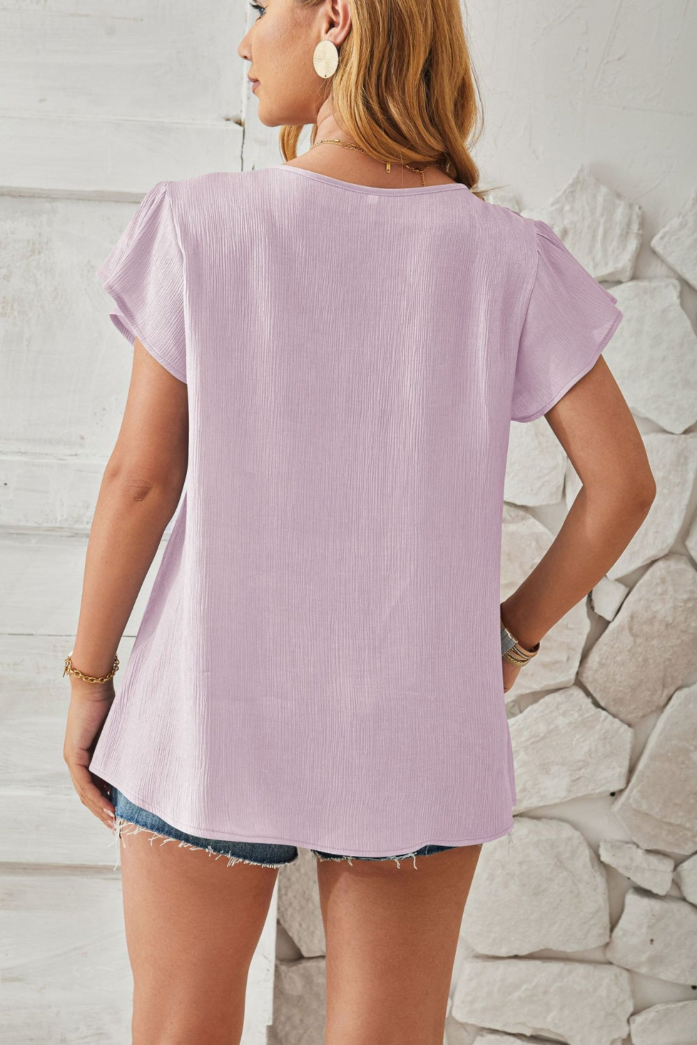 Ruched V-Neck Flounce Sleeve Blouse - Charming Charlie