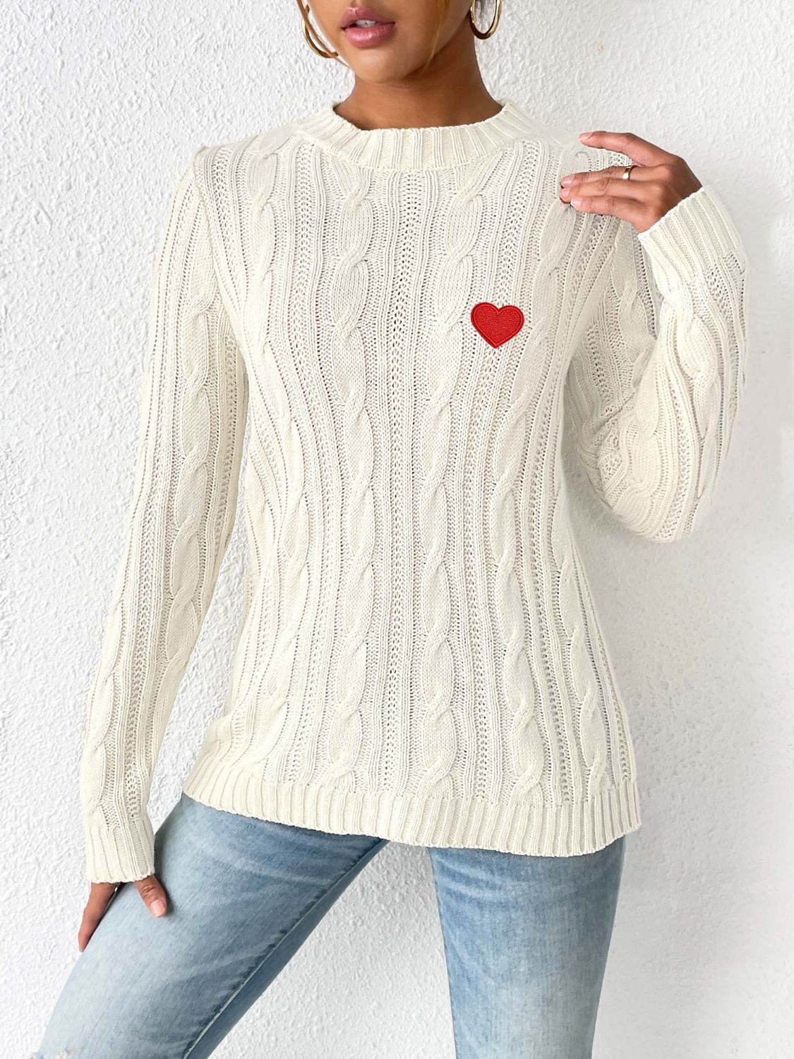 Cable-Knit Heart Round Neck Long Sleeve Sweater - Charming Charlie
