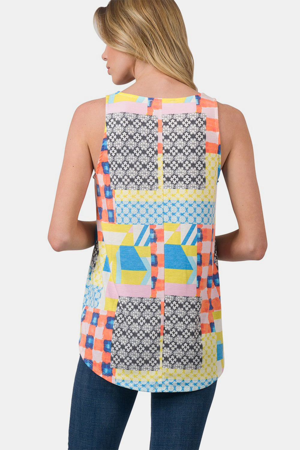 Zenana Printed Round Neck Curved Hem Tank - Charming Charlie