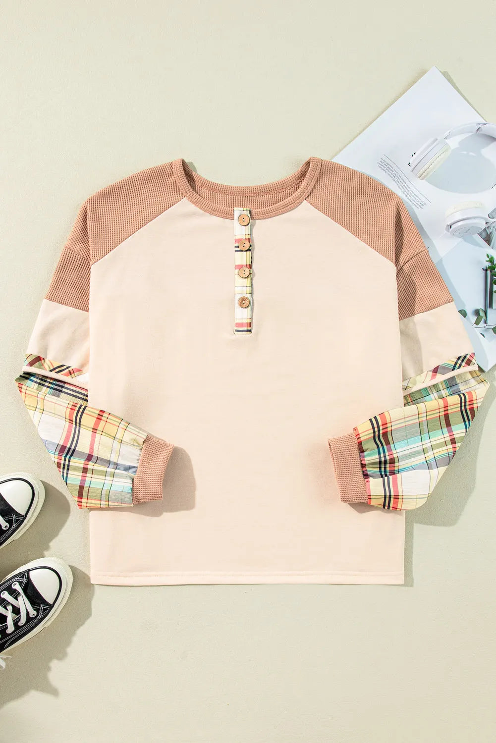 Plus Size Waffle-Knit Detail Plaid Round Neck Top - Charming Charlie