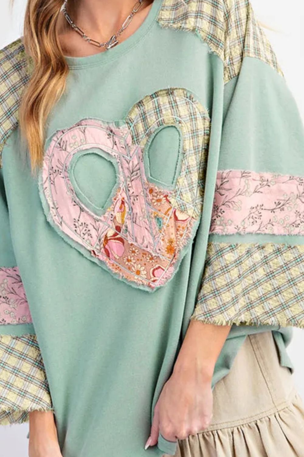 Heart Plaid Round Neck Long Sleeve Blouse - Charming Charlie
