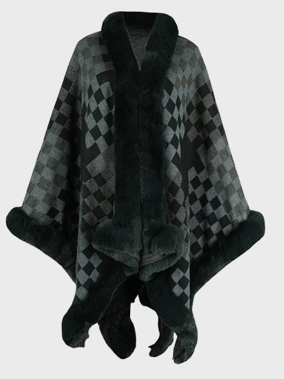 Fuzzy Checkered Long Sleeve Poncho - Charming Charlie