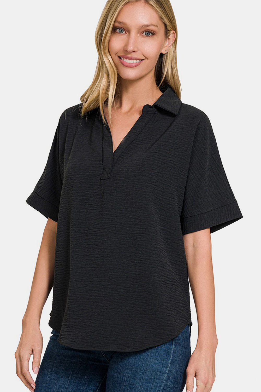 Zenana Full Size Texture Collared Neck Short Sleeve Top - Charming Charlie