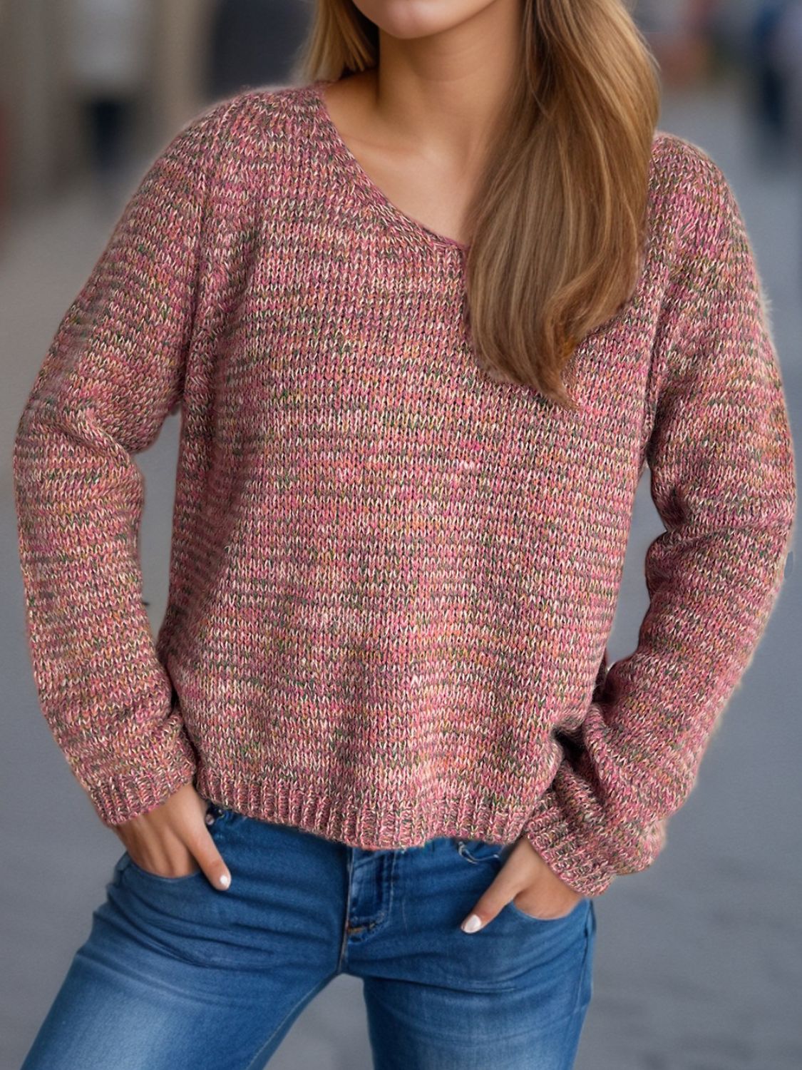 Heathered V-Neck Long Sleeve Sweater - Charming Charlie