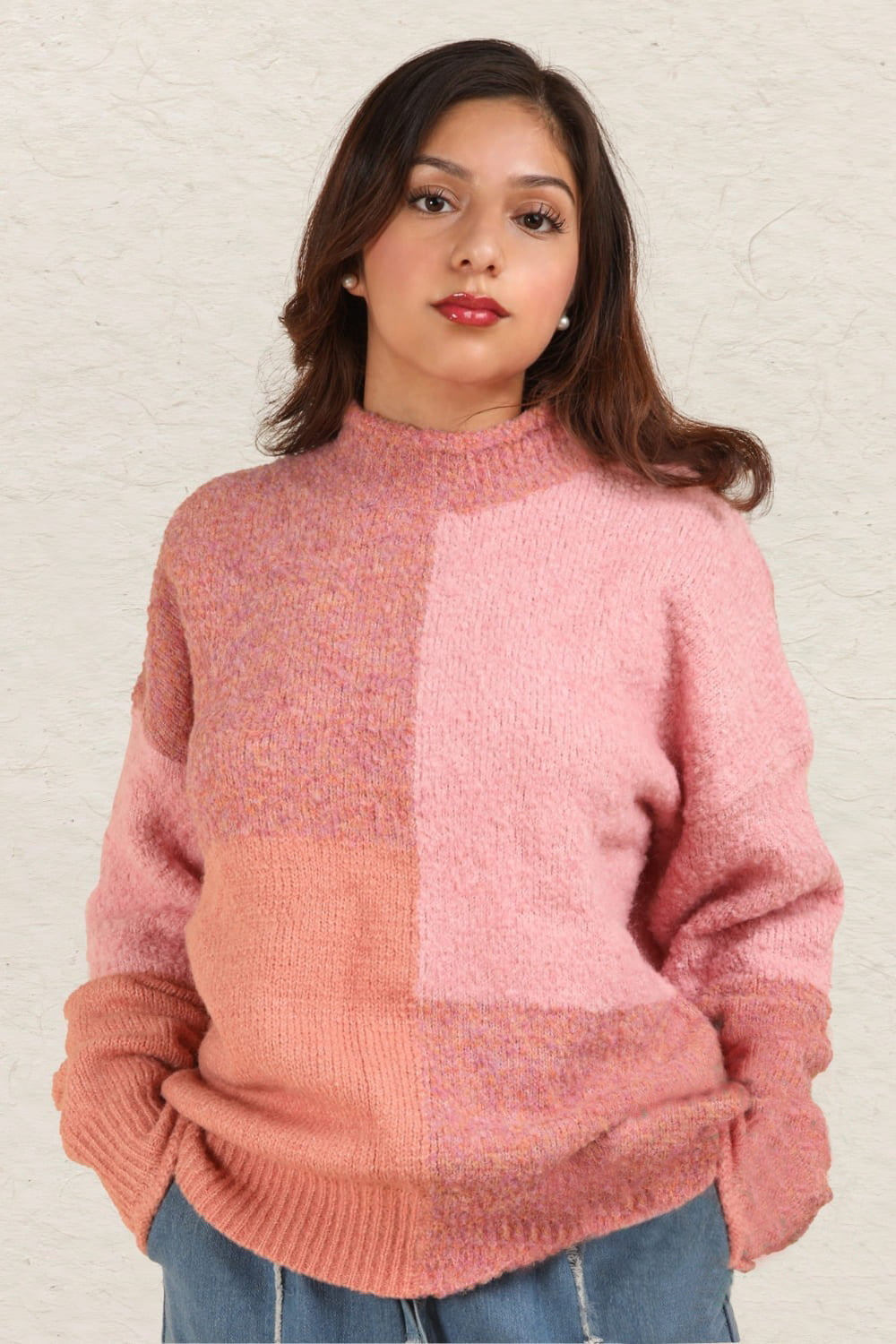 VERY J Color Block Mock Neck Drop Shoulder Sweater - Charming Charlie