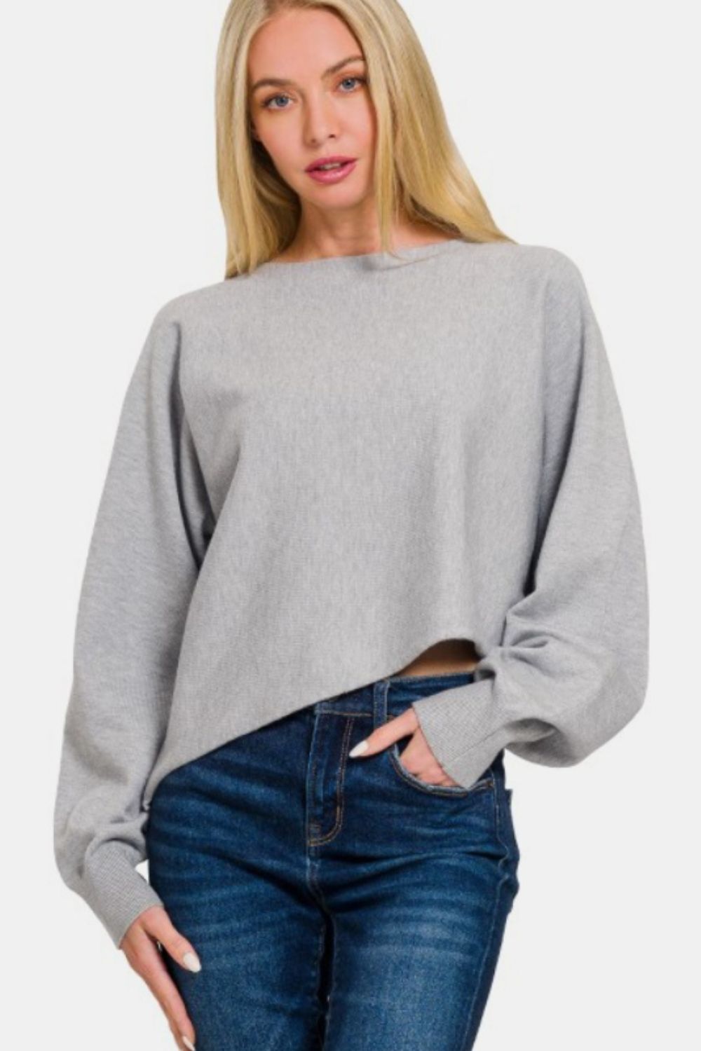 Zenana Asymmetric Hem Long Sleeve Sweater - Charming Charlie