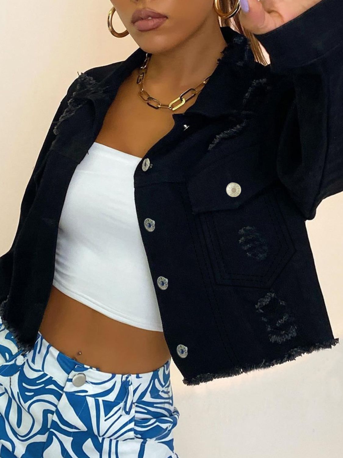 Distressed Collared Neck Long Sleeve Denim Top - Charming Charlie
