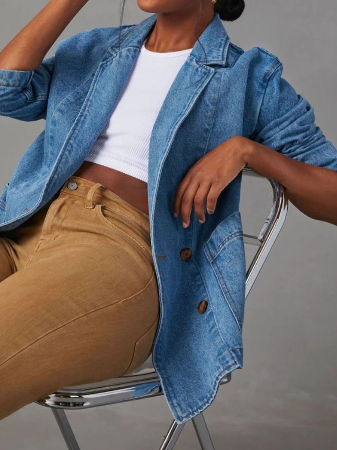 Pocketed Lapel Collar Long Sleeve Denim Jacket - Charming Charlie