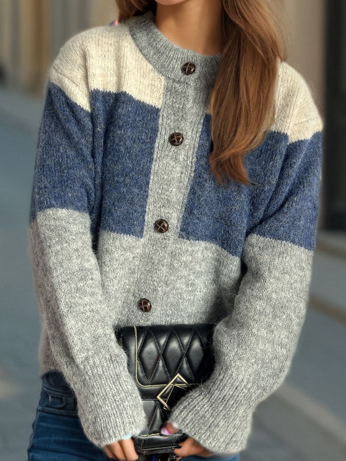 Color Block Round Neck Button Up Cardigan - Charming Charlie