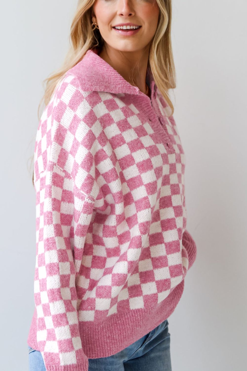 Checkered Collared Neck Long Sleeve Sweater - Charming Charlie