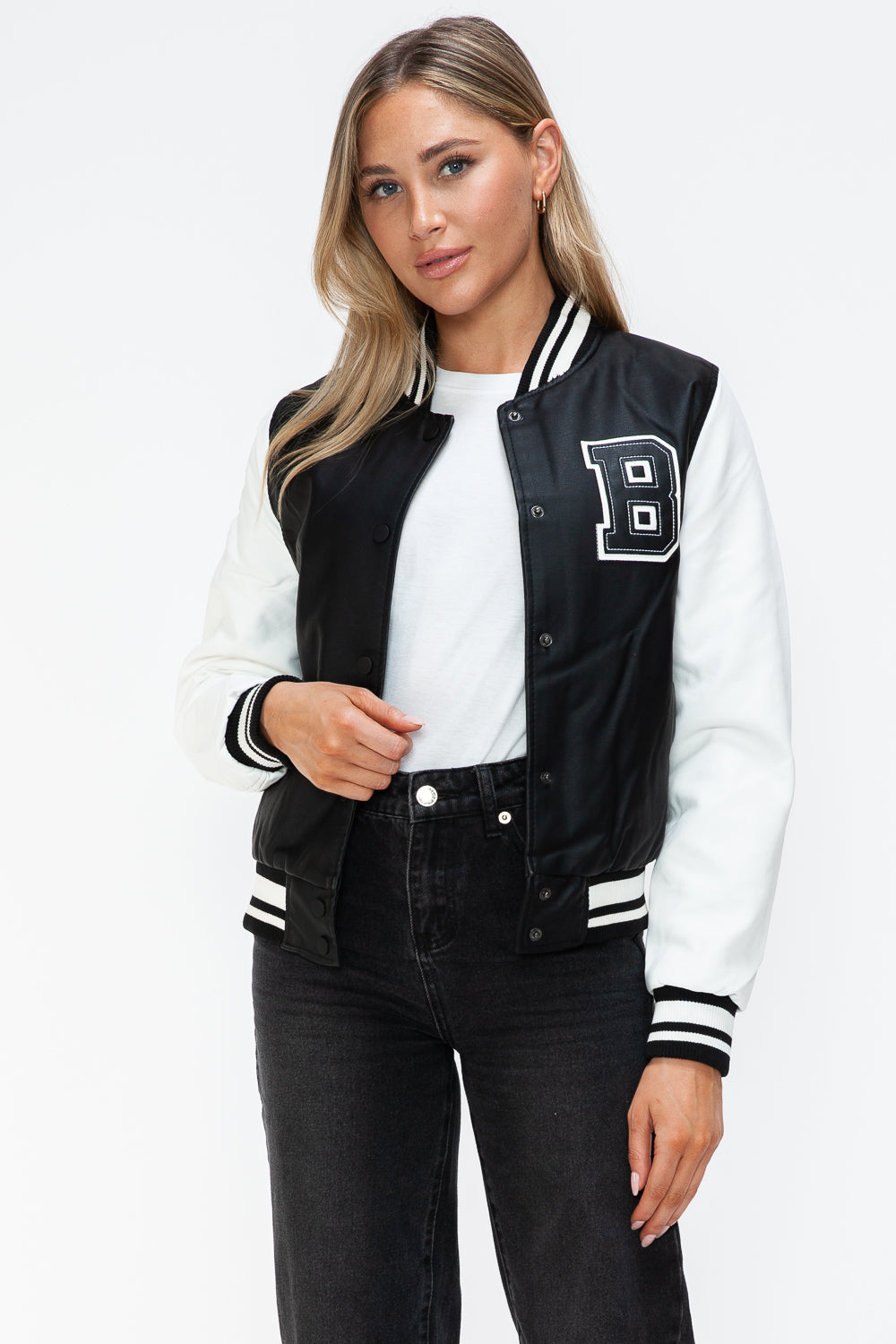 Love Me Now PU Leather Contrast Snap Down Bomber Jacket - Charming Charlie