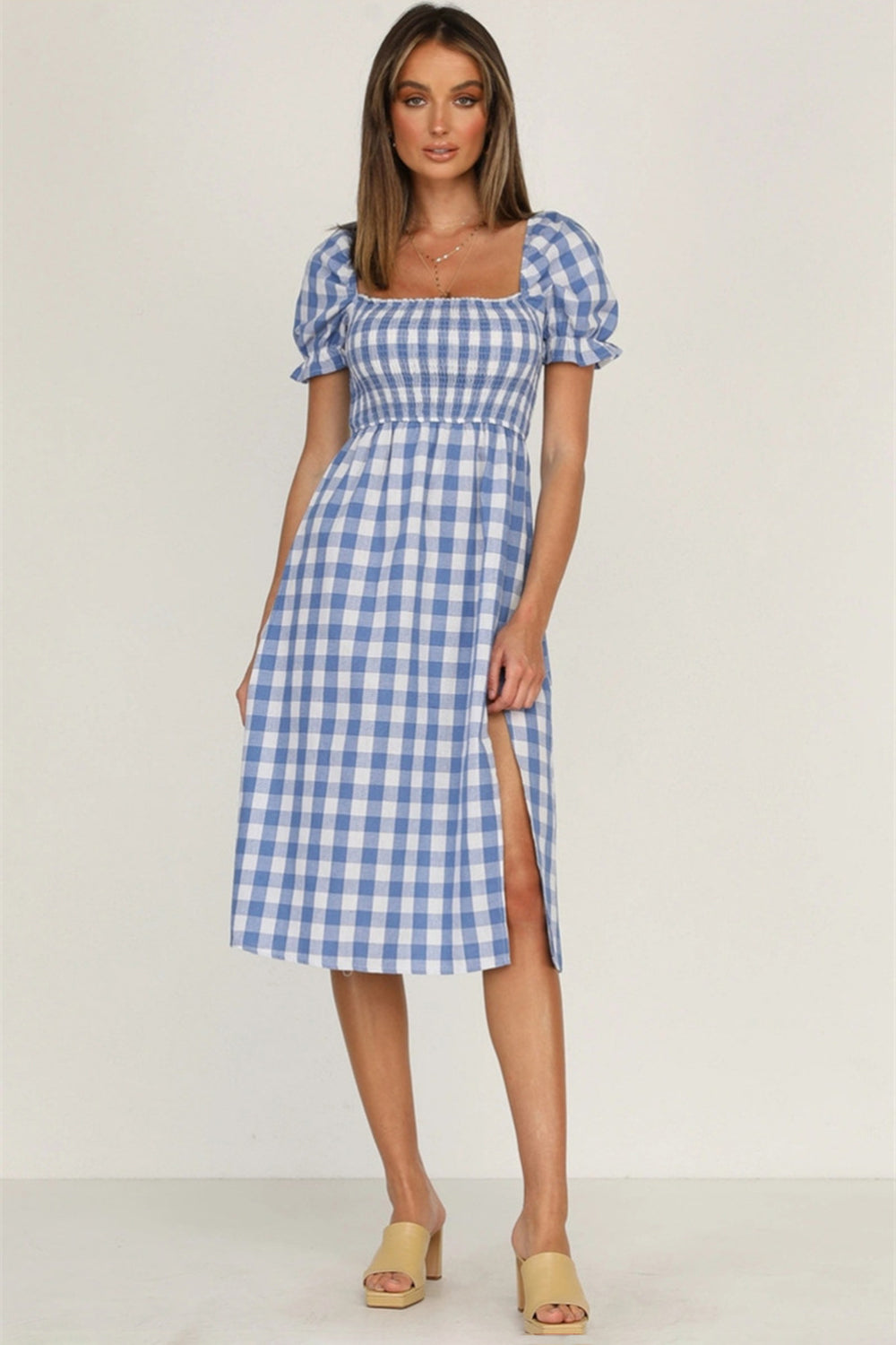 Full Size Slit Plaid Short Sleeve Midi Dress - Charming Charlie