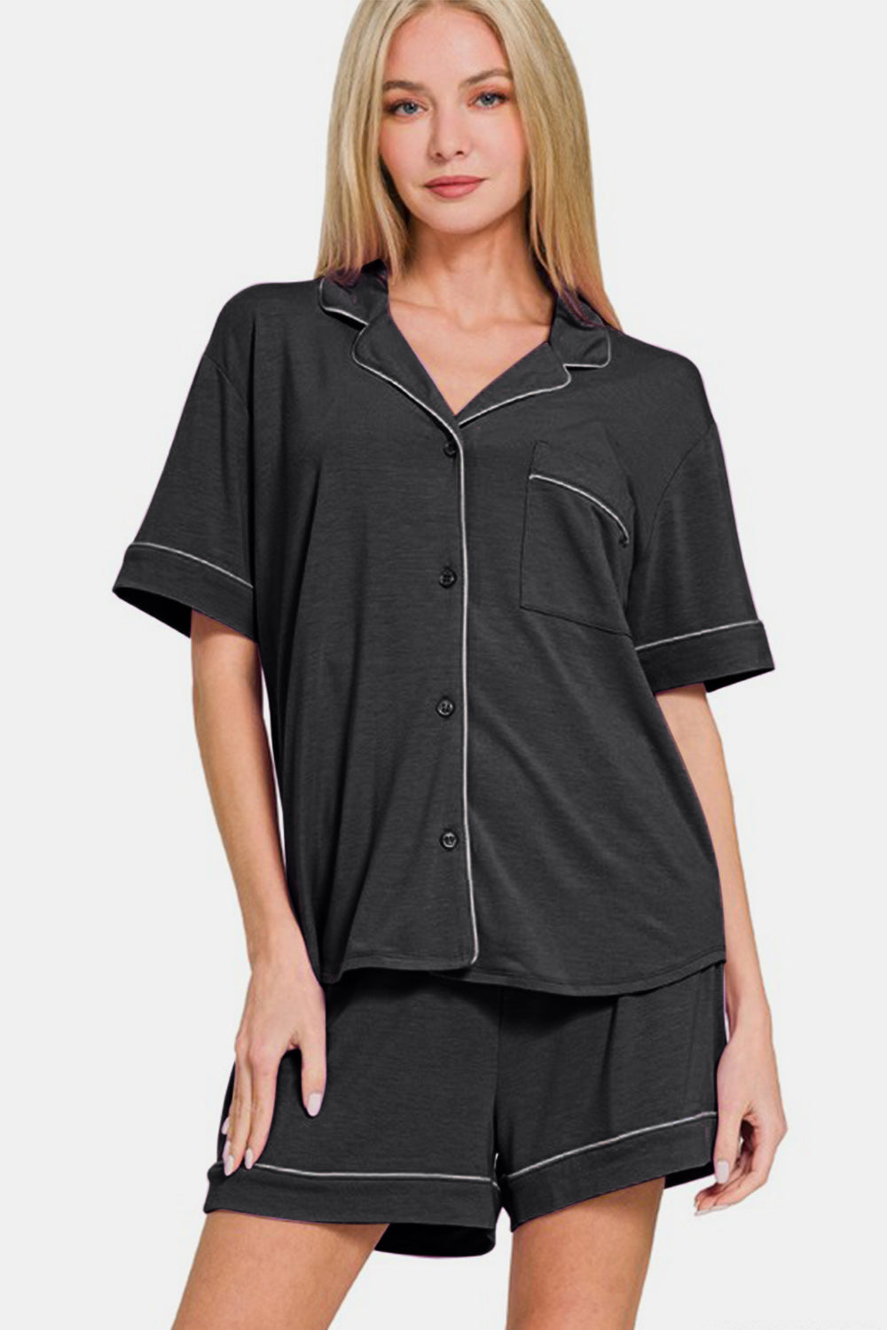 Zenana Button Down Short Sleeve Top and Shorts Lounge Set - Charming Charlie