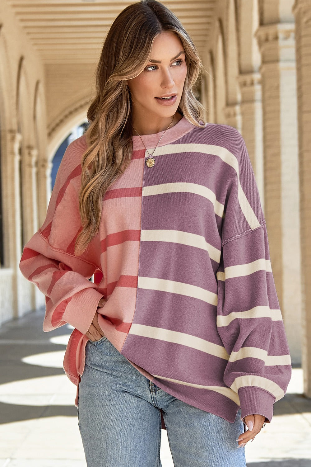 Striped Round Neck Long Sleeve Knit Top - Charming Charlie