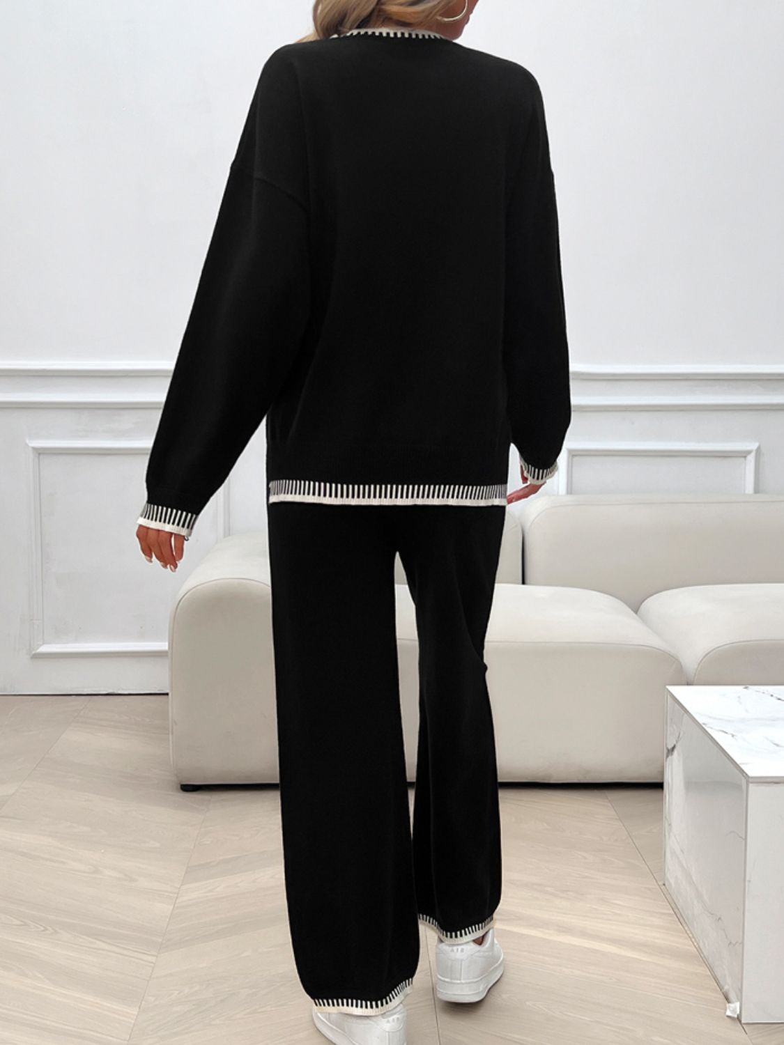 Round Neck Dropped Shoulder Top and Pants Sweater Set - Charming Charlie
