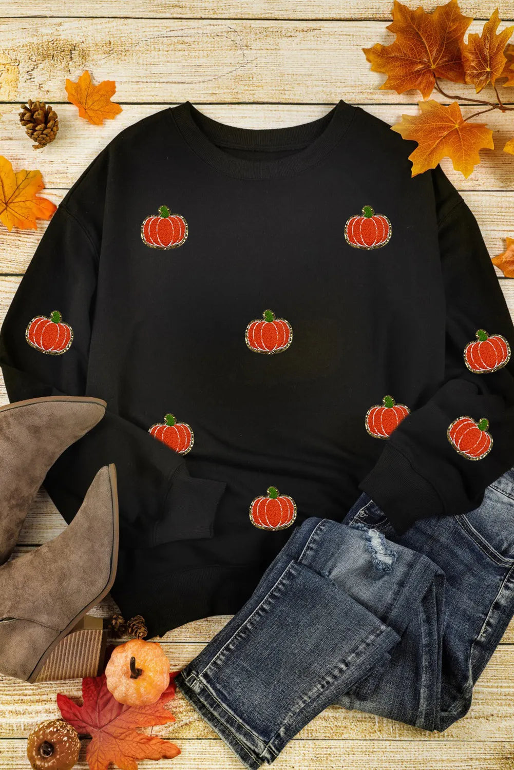 Pumpkin Round Neck Long Sleeve Sweatshirt - Charming Charlie