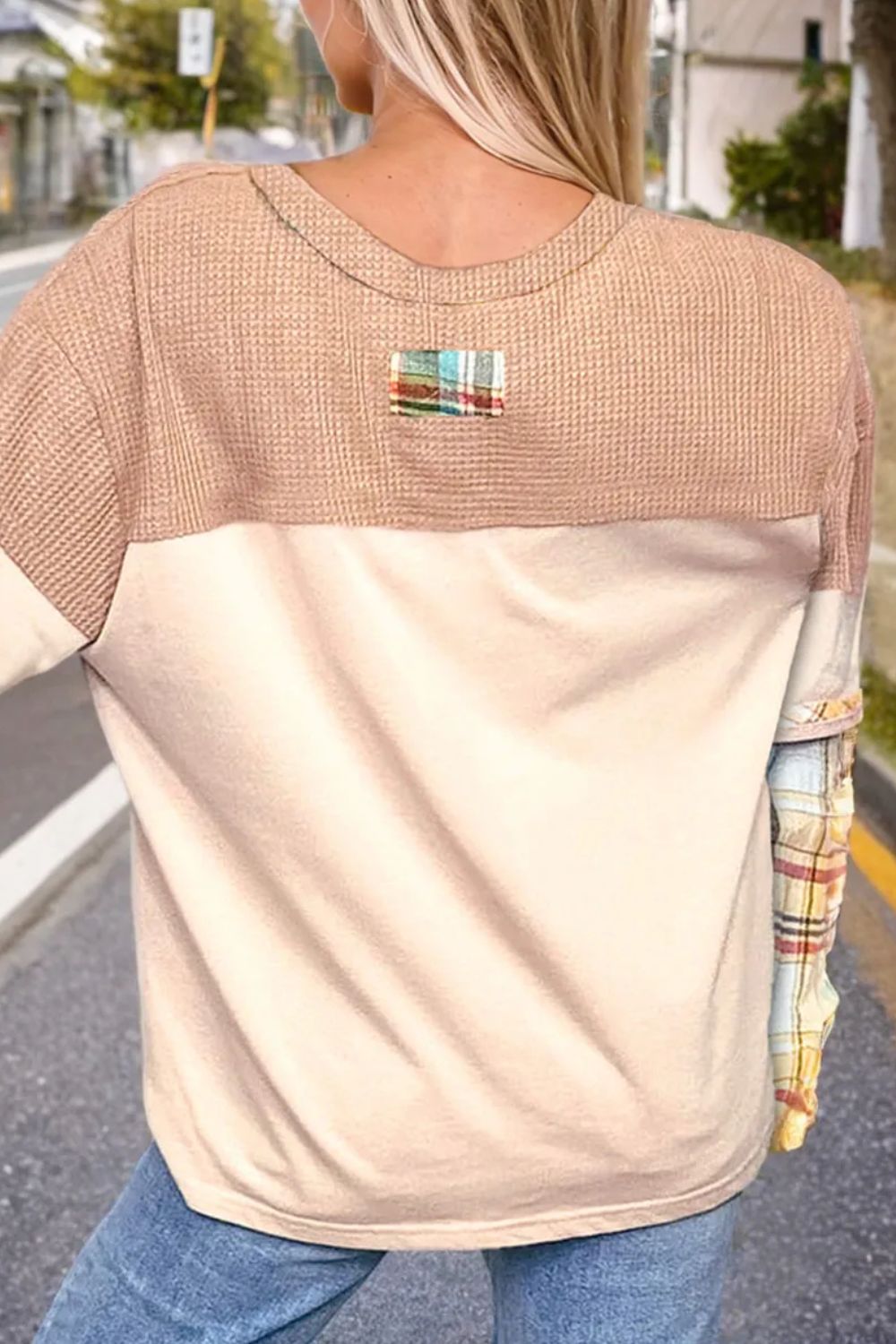 Plus Size Waffle-Knit Detail Plaid Round Neck Top - Charming Charlie
