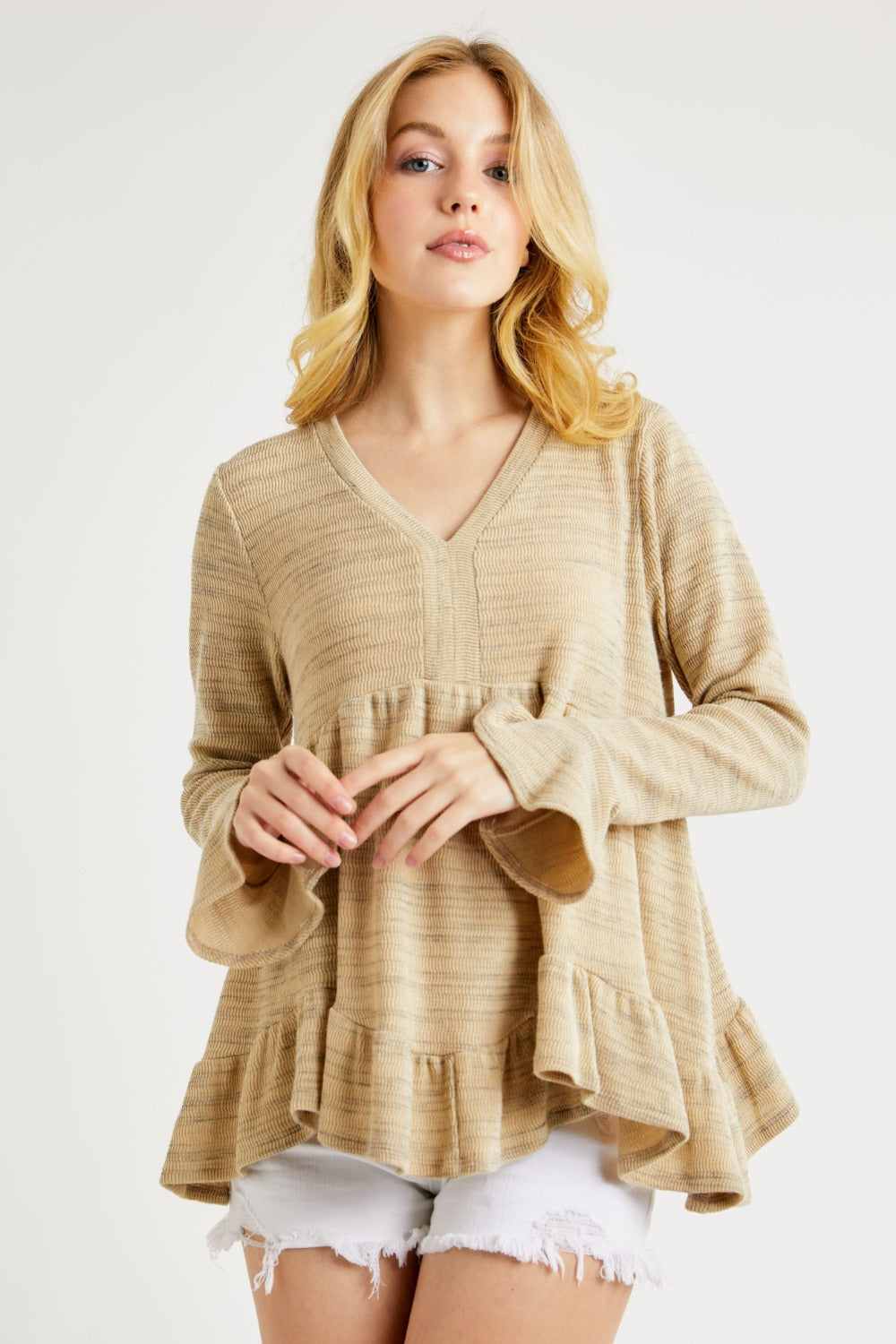 Hailey & Co V-Neck Flounce Sleeve Knit Top - Charming Charlie
