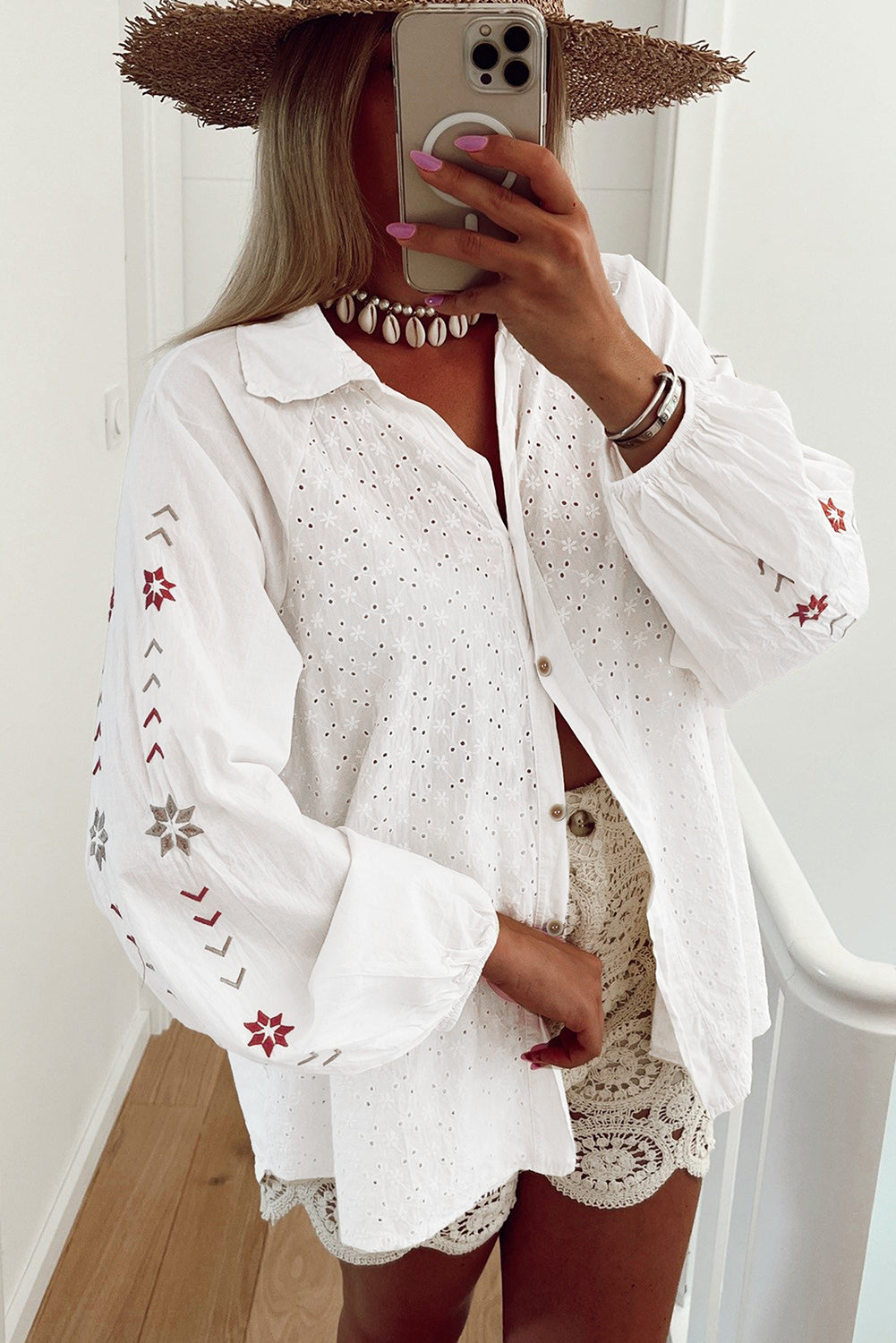 Embroidered Eyelet Collared Neck Long Sleeve Shirt - Charming Charlie