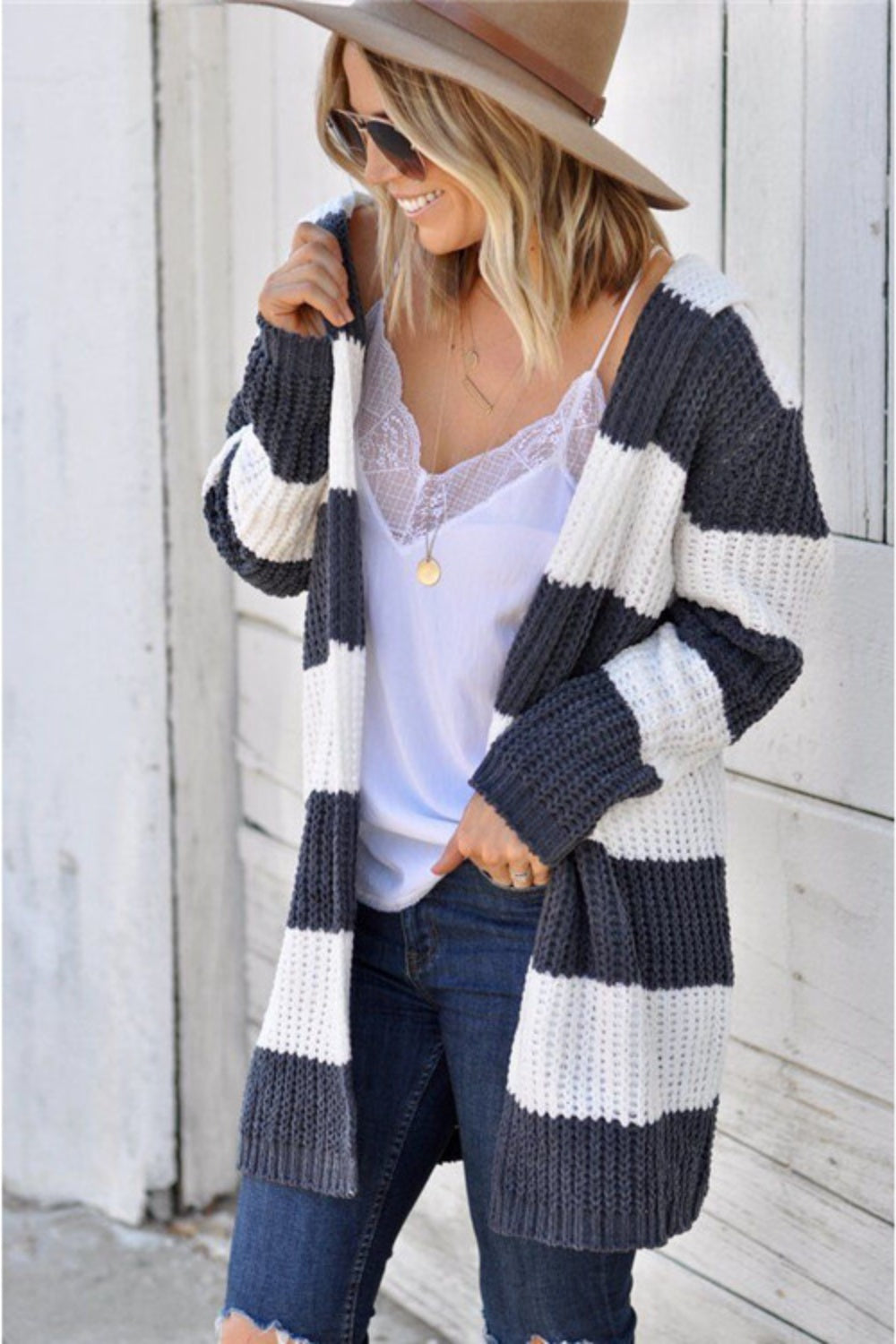 Contrast Stripes Open Front Long Sleeve Cardigan - Charming Charlie