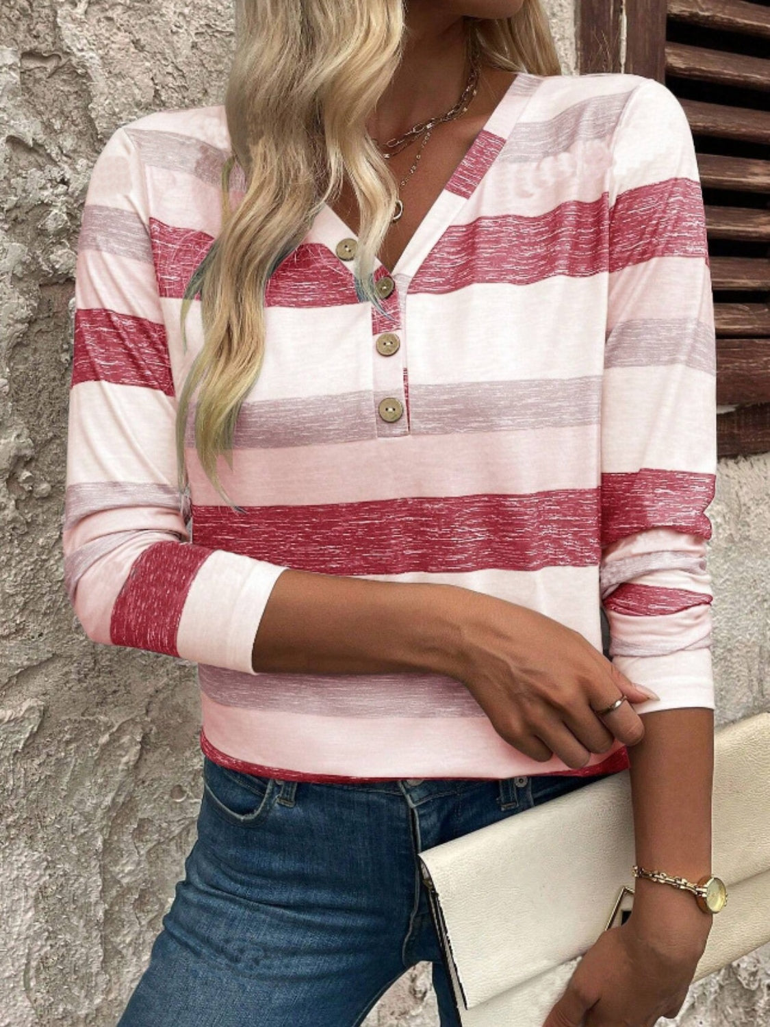Contrast Striped V-Neck Long Sleeve T-Shirt - Charming Charlie