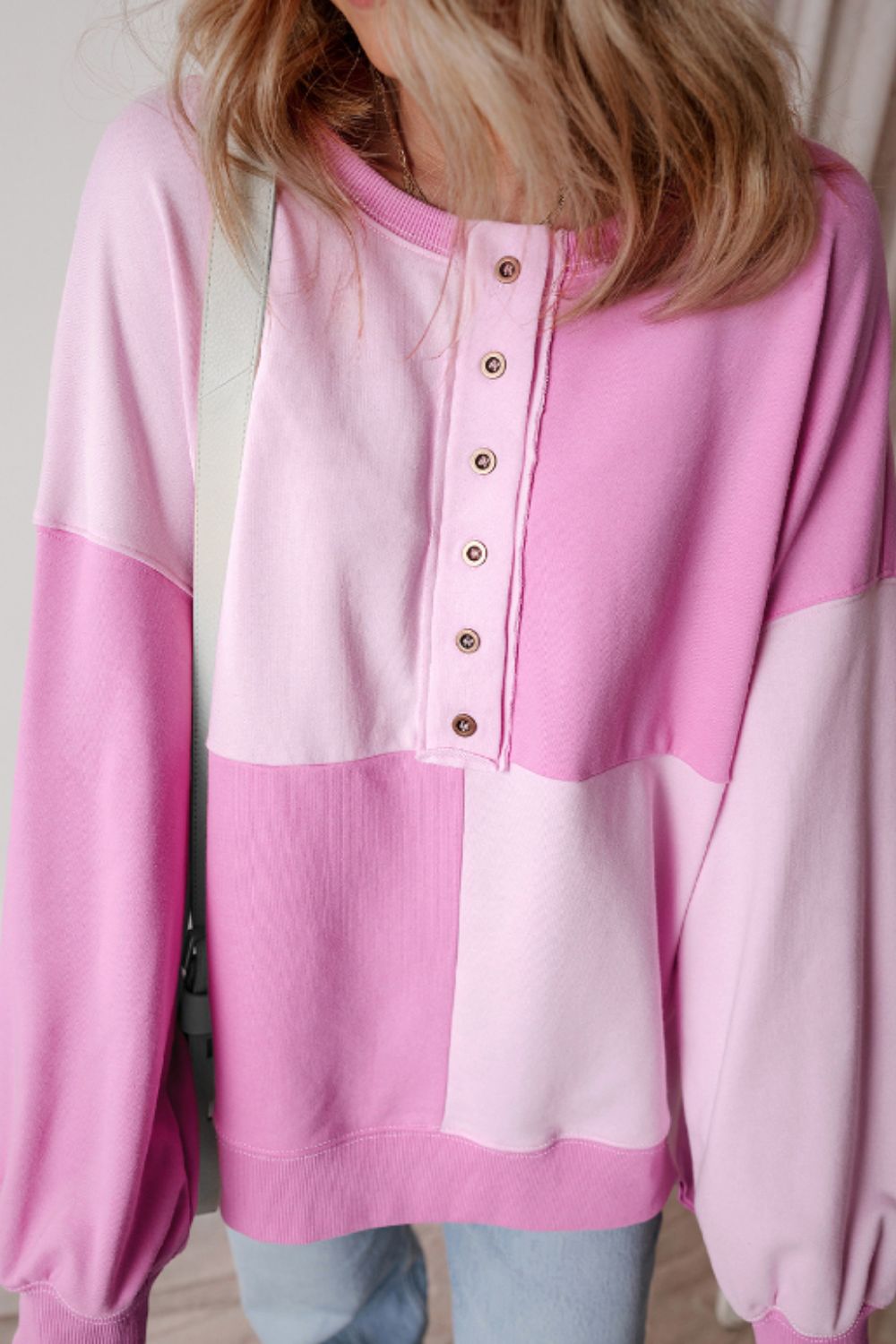 Color Block Half Button Long Sleeve Sweatshirt - Charming Charlie