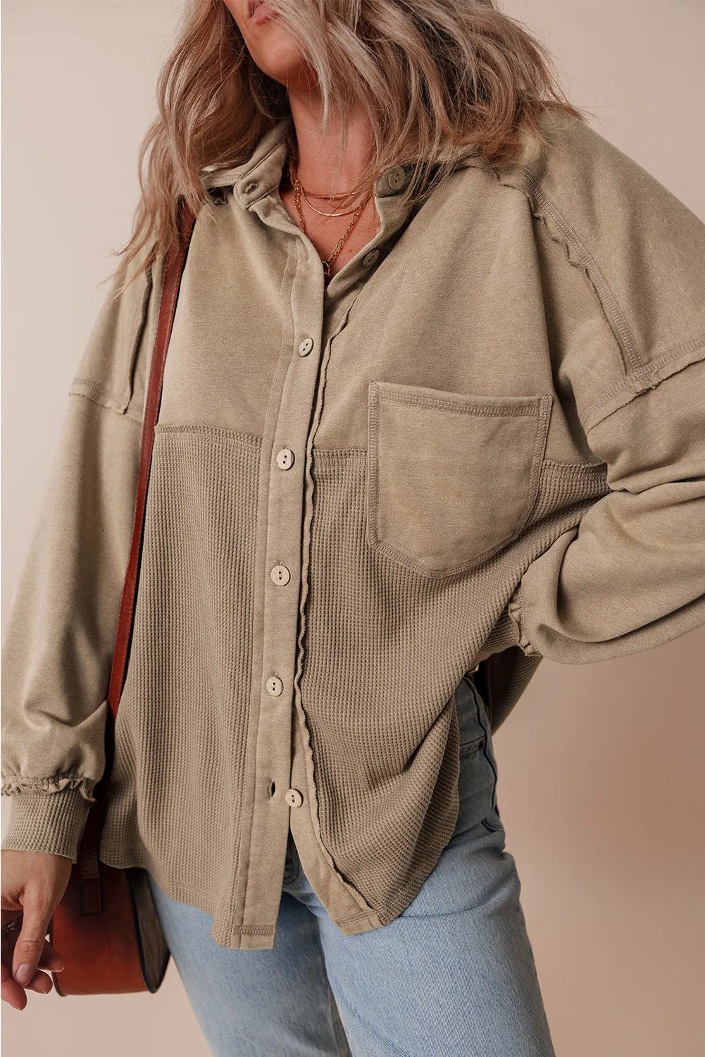 Waffle-Knit Collared Neck Long Sleeve Shacket - Charming Charlie