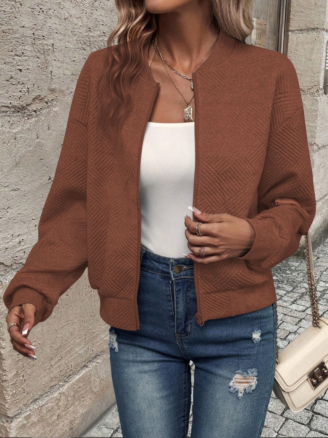 Textured Zip Up Long Sleeve Jacket - Charming Charlie