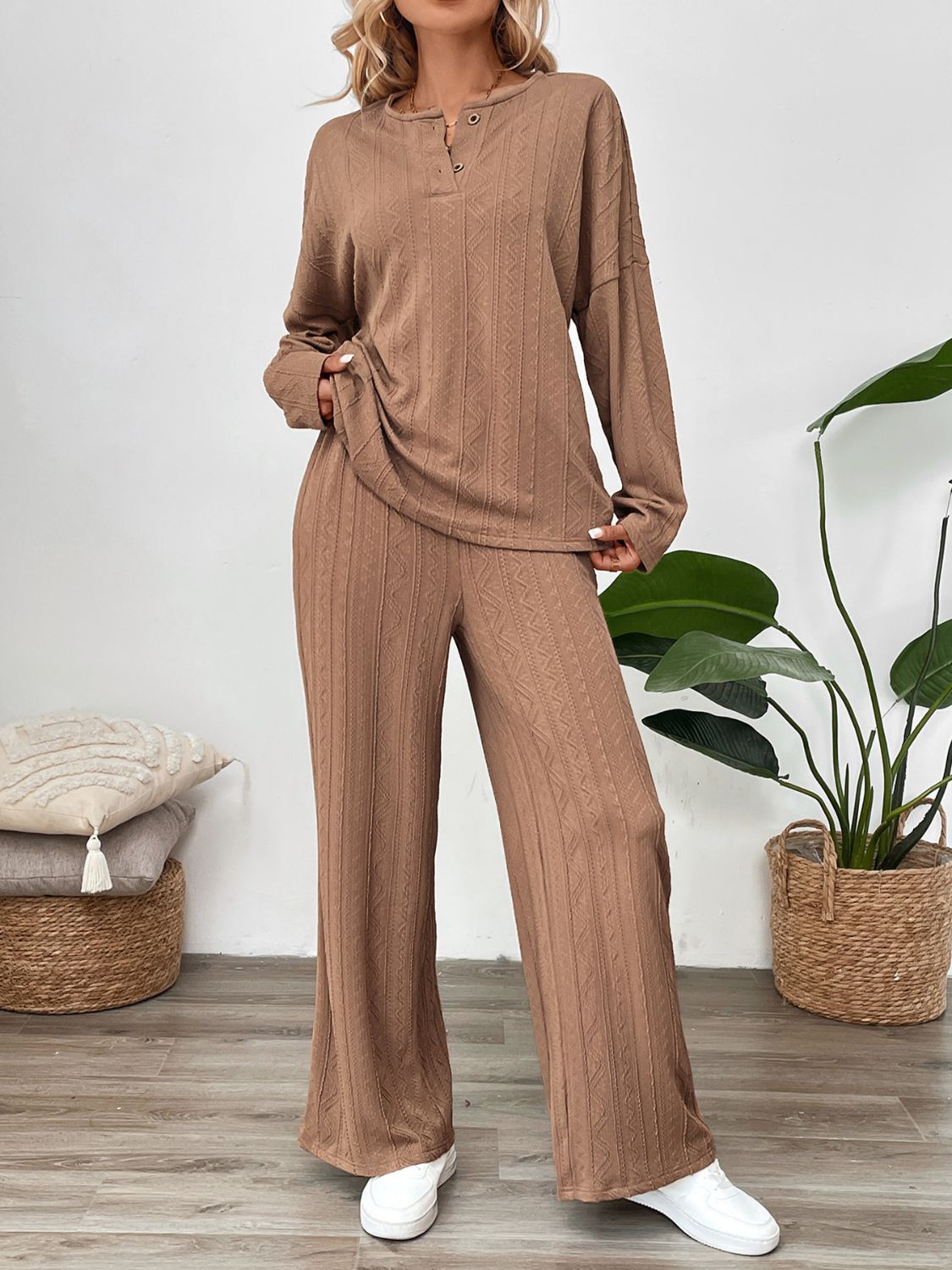 Perfee Quarter Button Long Sleeve Top and Pants Set - Charming Charlie