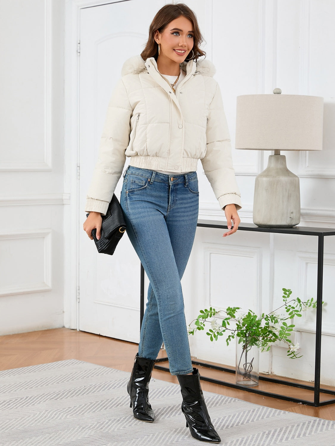 Pocketed Long Sleeve Cropped Hooded Winter Coat - Charming Charlie