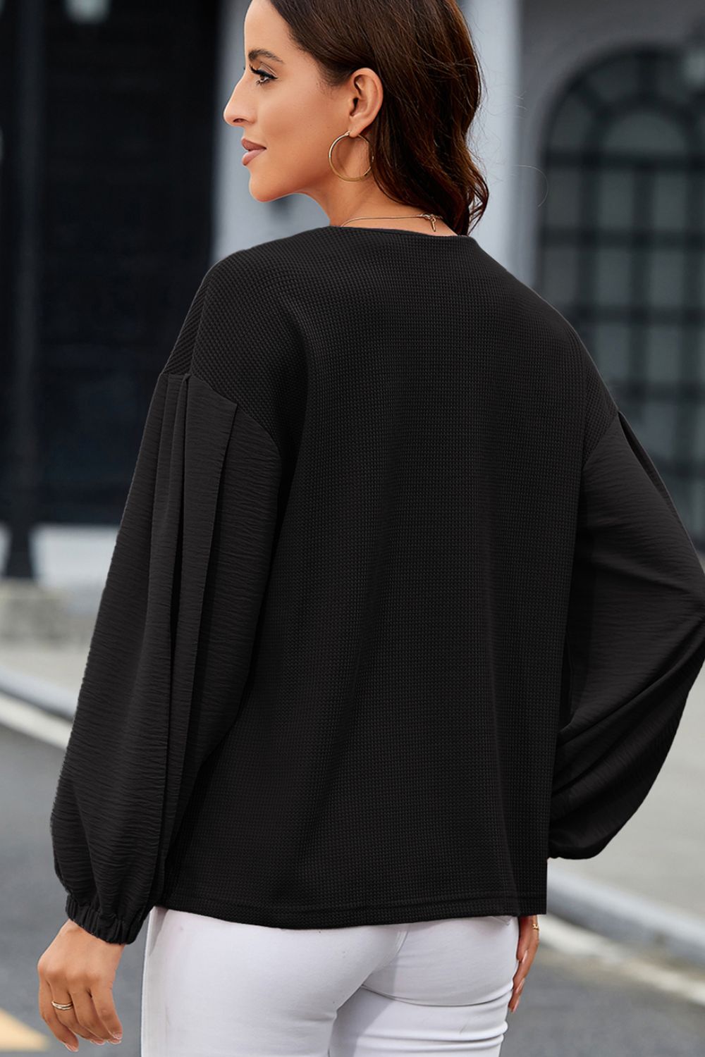 Waffle-Knit V-Neck Long Sleeve Blouse - Charming Charlie