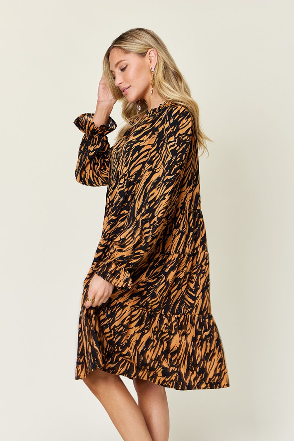Double Take Full Size Printed Ruffle Hem Long Sleeve Dress - Charming Charlie