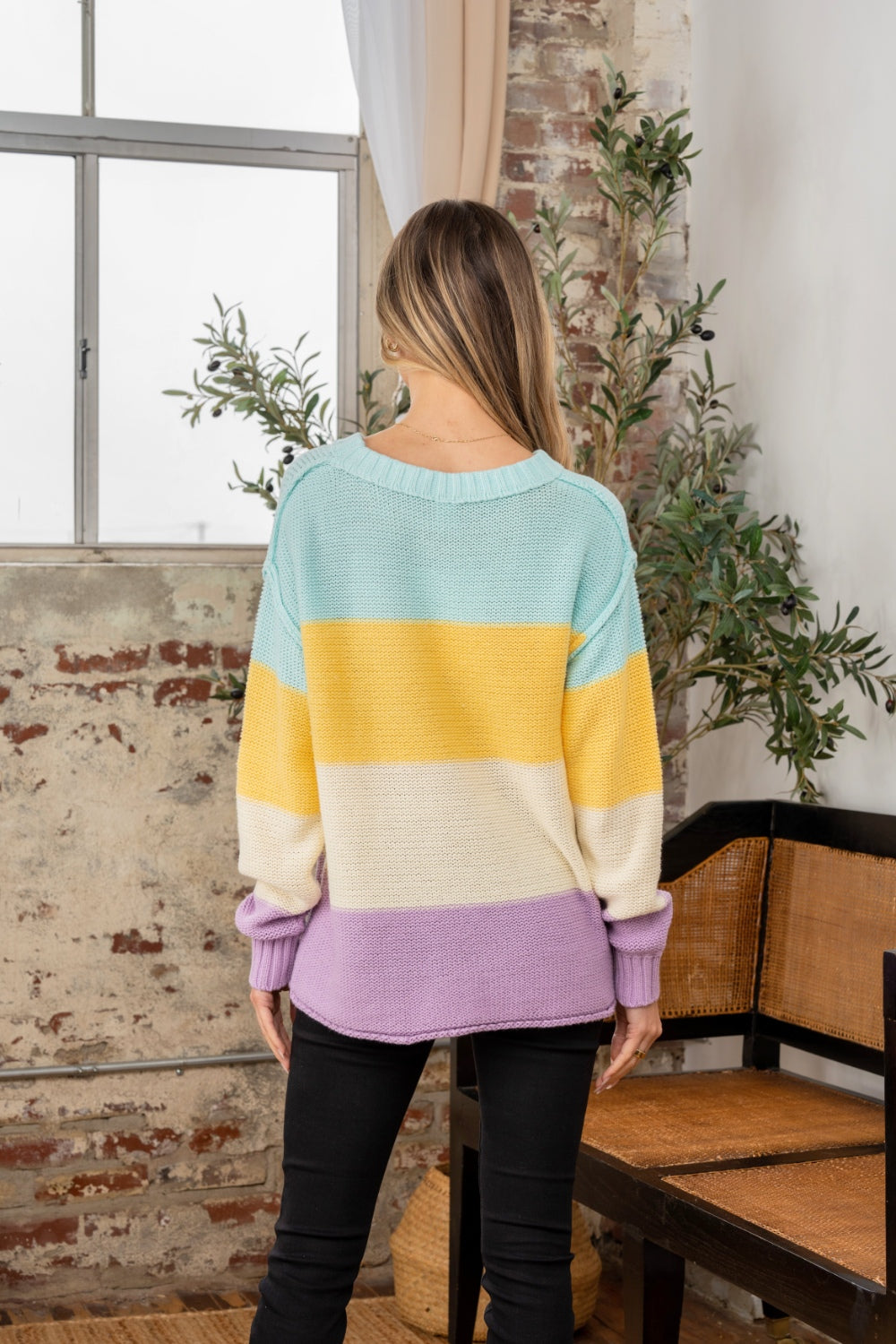 Sew In Love Full Size Color Block Exposed Seam Sweater - Charming Charlie