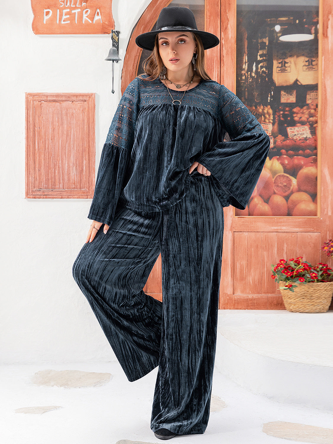 Plus Size Round Neck Flare Sleeve Top and Pants Set - Charming Charlie