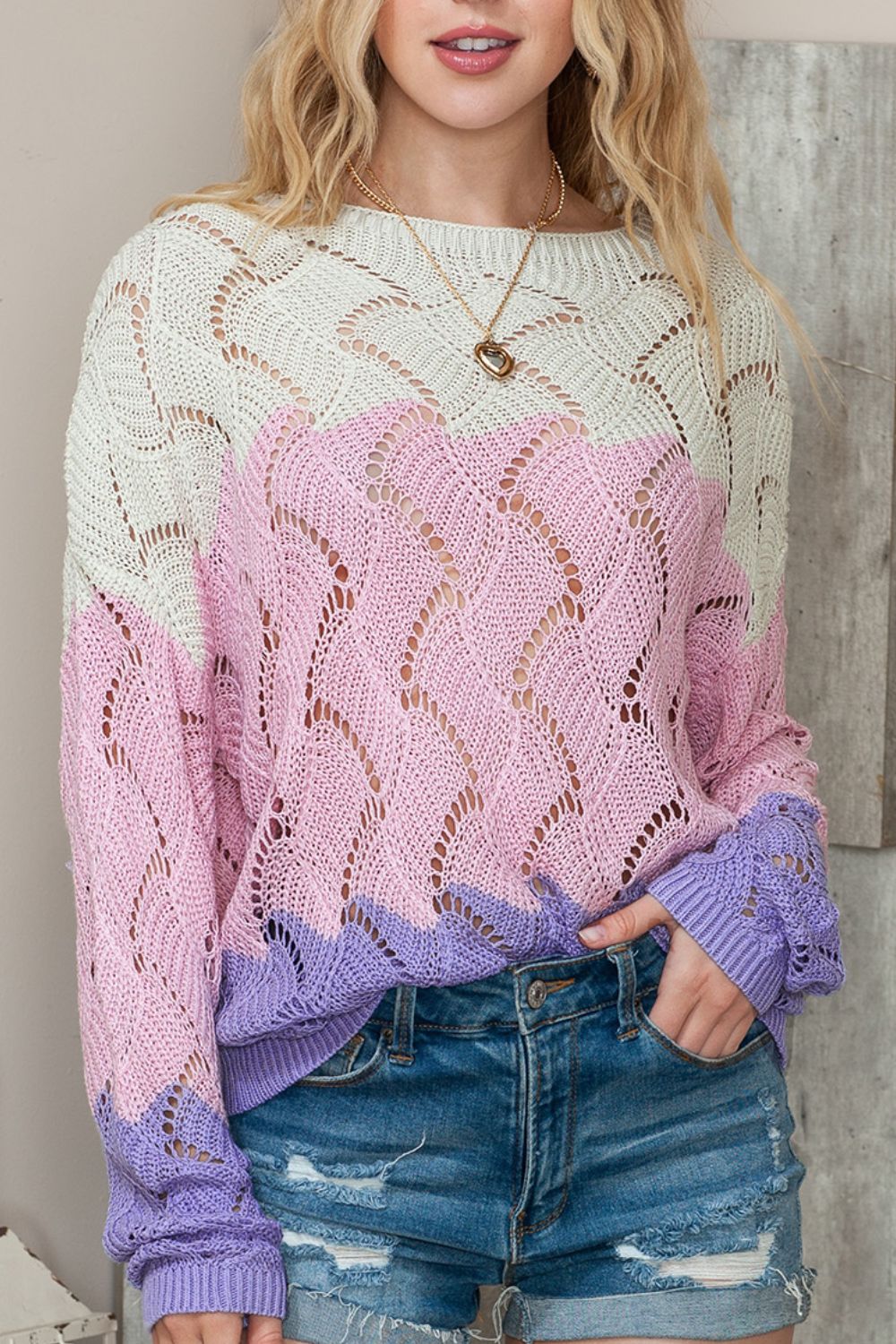 Color Block Hollow Boat Neck Sweater - Charming Charlie