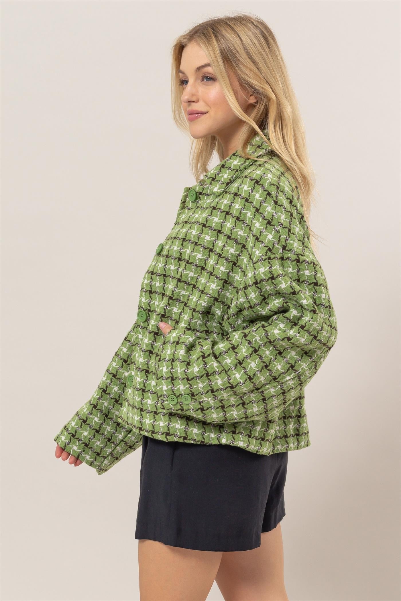 HYFVE Tweed Plaid Button Up Collared Neck Jacket - Charming Charlie