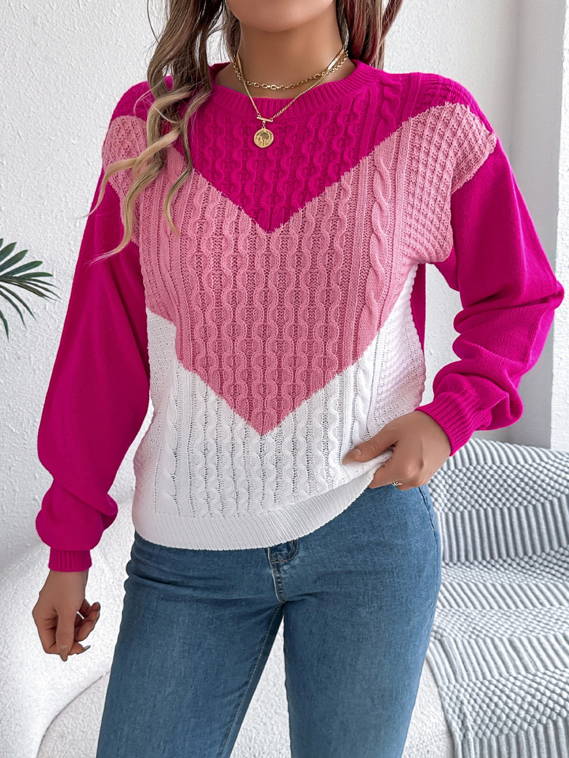 Contrast Round Neck Long Sleeve Sweater - Charming Charlie