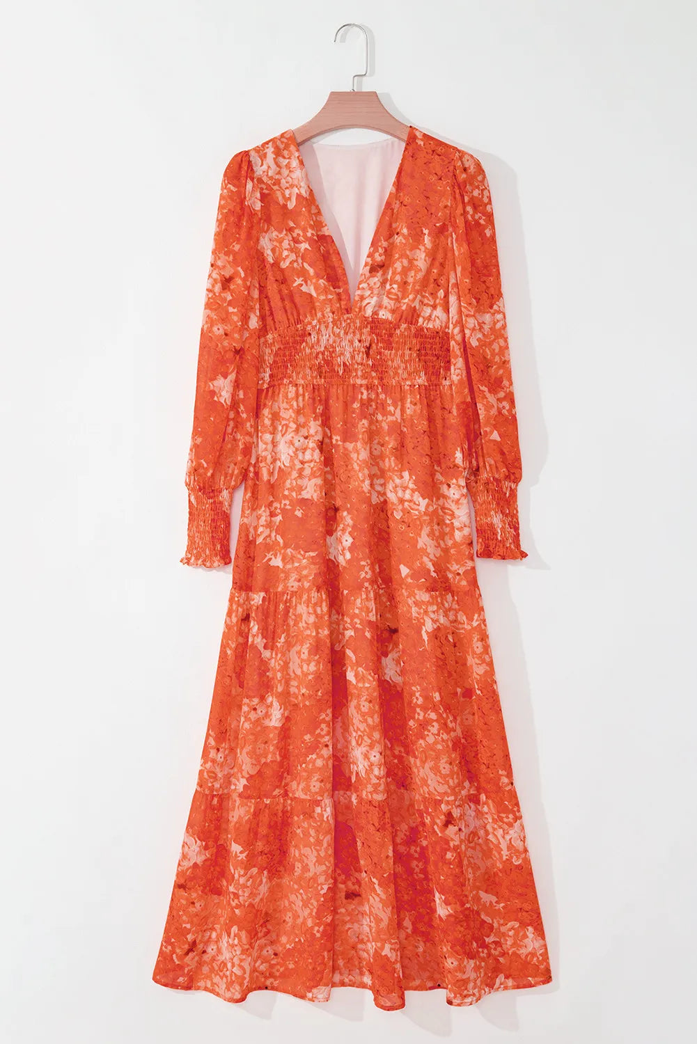 Smocked Printed V-Neck Long Sleeve Dress - Charming Charlie