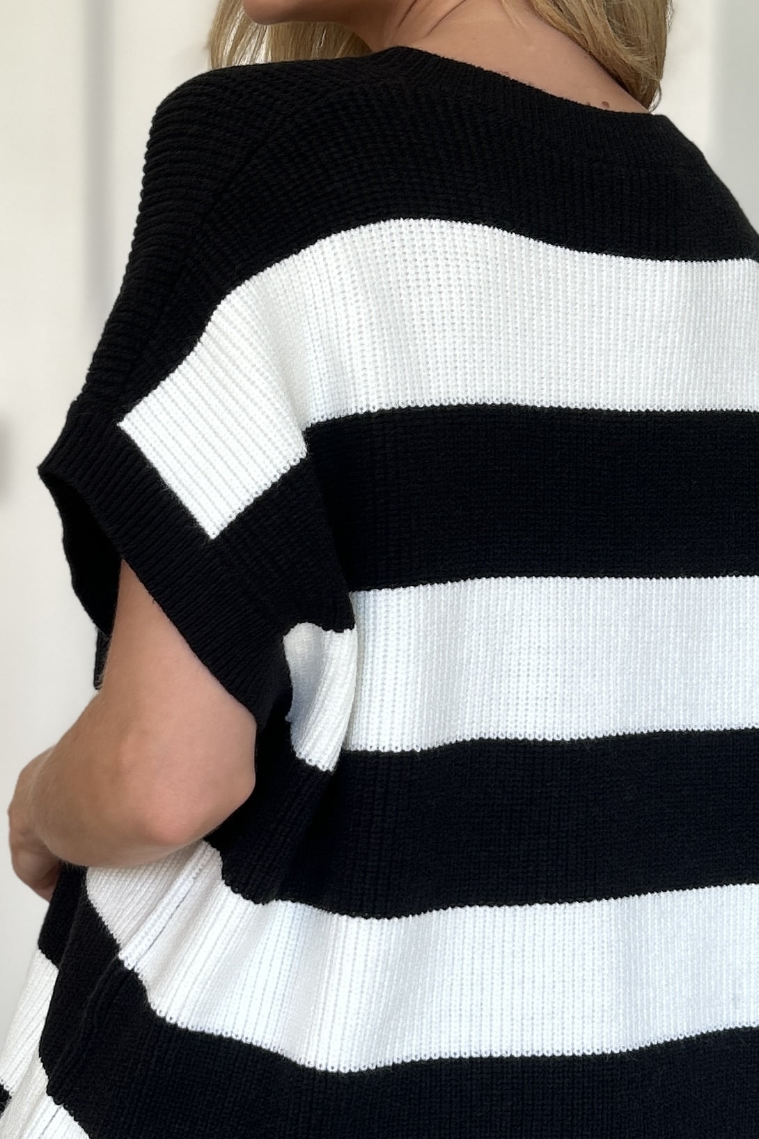 Double Take Full Size Striped V-Neck Short Sleeve Sweater - Charming Charlie